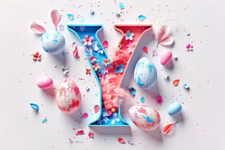 Colorful Easter-themed 3D illustration of the letter with flowers and eggs.の素材