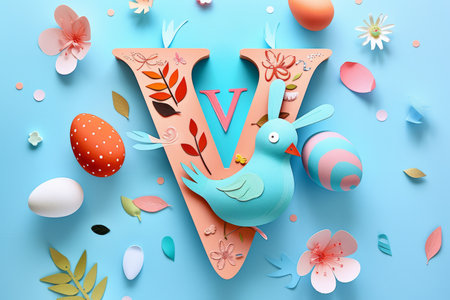 Colorful Easter-themed 3D illustration of the letter with flowers and eggs.の素材