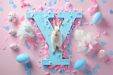 Colorful Easter-themed 3D illustration of the letter with flowers and eggs.の素材