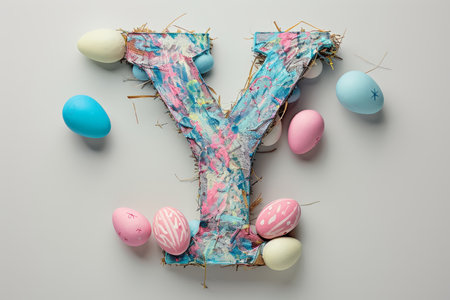 Colorful Easter-themed 3D illustration of the letter with flowers and eggs.の素材