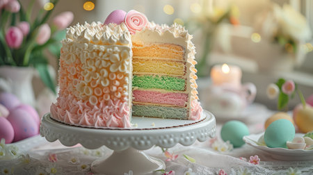 A festive Easter celebration table with a pastel-colored layered cake surrounded by decorated eggs and blossoms.の素材