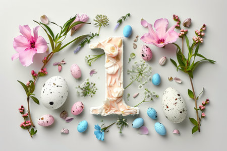 Colorful Easter-themed 3D illustration of the letter with flowers and eggs.の素材