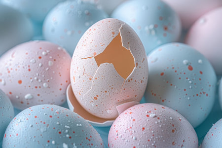 Macro shot of a single cracked Easter egg with water droplets among a collection of colorful, intact eggs.の素材