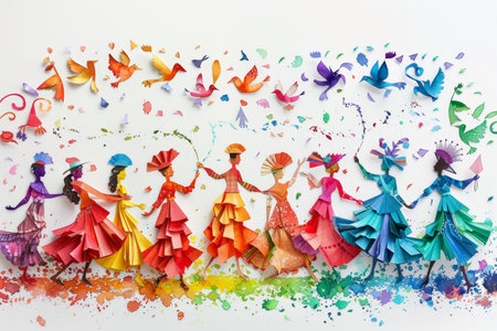 A lively celebration captured in paper art, with multicolored silhouettes of people cheering and dancing on abstract blue waves.の素材