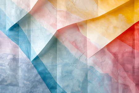 Abstract undulating paper waves in a gradient of pastel colors creating a dynamic and artistic background.の素材