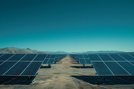 An array of photovoltaic solar panels stretches out beneath a bright, blue sky with wispy clouds, harnessing renewable energy.の素材