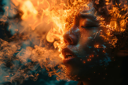 A fire breather exhales a large flame against a dark, bokeh-lit background, showcasing the art of fire performance.の素材