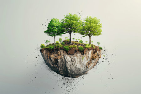 A single vibrant green tree standing atop a hill of soil, set against a plain background, representing growth and sustainability.の素材