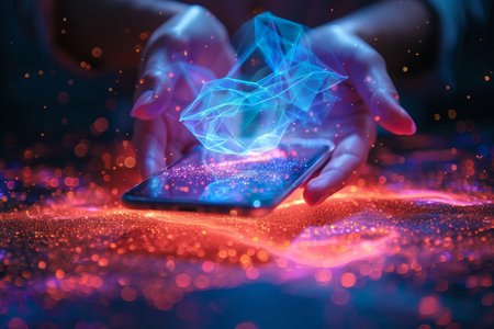 Hands holding a smartphone from which an explosion of glittering, magical sparks are bursting, blending technology with fantasy.の素材