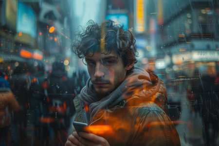 Focused man engaged with his smartphone amidst the hustle of a densely populated city street with neon signs and pedestrians.の素材