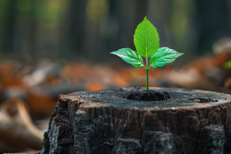 A single sapling grows from the center of a charred tree stump, symbolizing new life and resilience in nature.の素材