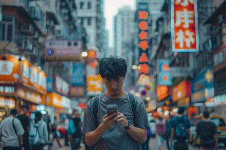 Focused man engaged with his smartphone amidst the hustle of a densely populated city street with neon signs and pedestrians.の素材