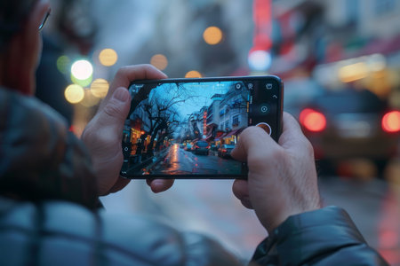 Hands framing a vibrant city street at night with festive lights via a smartphone camera, capturing the urban glow.の素材