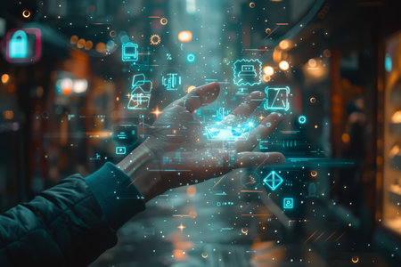 A hand appears to manage a complex digital network with glowing connections, illustrating concepts of cyber security and data management.の素材