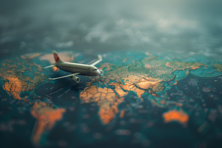 Close-up of a model airplane flying over a detailed, glowing map of the world, showcasing global travel and connectivity.の素材