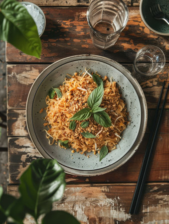 A vibrant plate of Pad Thai garnished with crushed peanuts, fresh herbs, and a wedge of lime, captured in bright, natural light.の素材