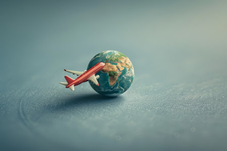 Close-up of a model airplane flying over a detailed, glowing map of the world, showcasing global travel and connectivity.の素材