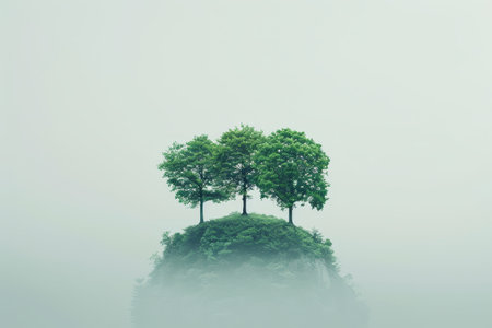 A single vibrant green tree standing atop a hill of soil, set against a plain background, representing growth and sustainability.の素材