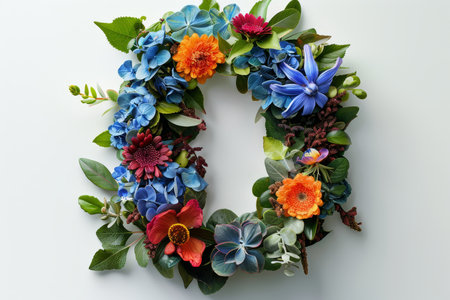 A lush corner border arrangement of various flowers and greenery on a white background, perfect for  letter themed with flowers and greenery.の素材