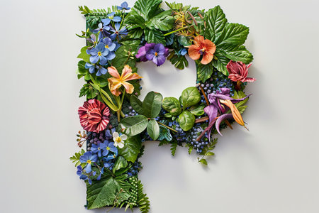 A lush corner border arrangement of various flowers and greenery on a white background, perfect for  letter themed with flowers and greenery.の素材