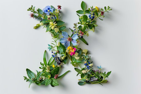 A lush corner border arrangement of various flowers and greenery on a white background, perfect for  letter themed with flowers and greenery.の素材