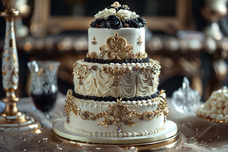 A luxurious multi-tiered wedding cake with exquisite white and gold floral details, set in an opulent setting with soft lighting.の素材