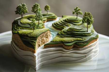 A creative matcha-flavored layered cake artistically decorated with miniature trees, resembling a serene green landscape.の素材