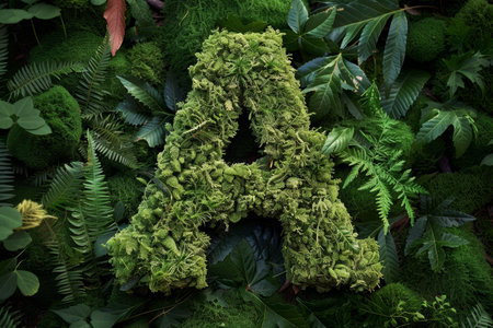 The letter 'A' artistically created from vibrant green moss and lichen against a neutral background, representing nature and sustainability.の素材