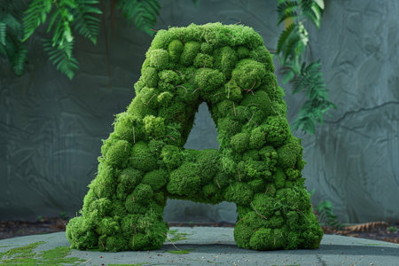 The letter 'A' artistically created from vibrant green moss and lichen against a neutral background, representing nature and sustainability.の素材