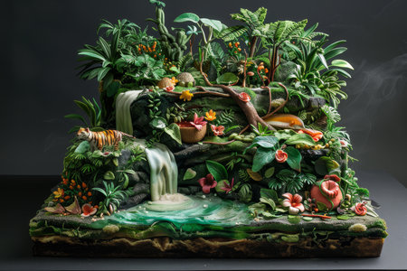 A jungle-themed celebration cake, richly decorated with edible animal figurines and tropical foliage, perfect for a themed party.の素材