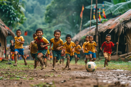 Vibrant scene of barefoot children playing soccer with pure joy, kicking up mud in a tropical village setting.の素材