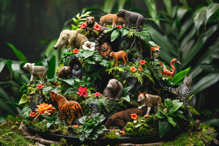 A jungle-themed celebration cake, richly decorated with edible animal figurines and tropical foliage, perfect for a themed party.の素材