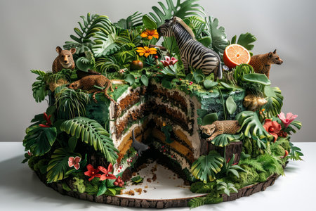 A tropical rainforest-themed cake, complete with edible lush foliage, flowers, and a waterfall, creatively layered and presented.の素材