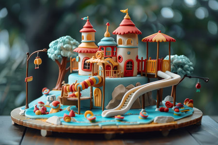 A complex, multi-level playset featuring colorful buildings, miniature figures, and intricate details, evoking imaginative play.の素材