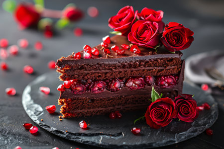 Chocolate cake with pomegranate and red roses on black backgroundの素材