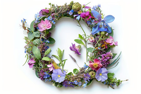 A lush corner border arrangement of various flowers and greenery on a white background, perfect for  letter themed with flowers and greenery.の素材