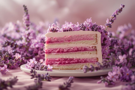A beautifully presented sliced layered cake adorned with fresh lilac flowers, symbolizing springtime dessert elegance.の素材