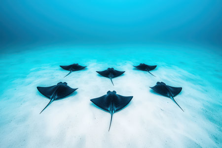 Graceful rays gliding over sandy ocean floor.の素材