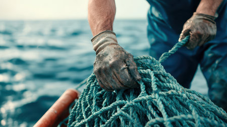 Fisherman handling net on a sunny day.の素材
