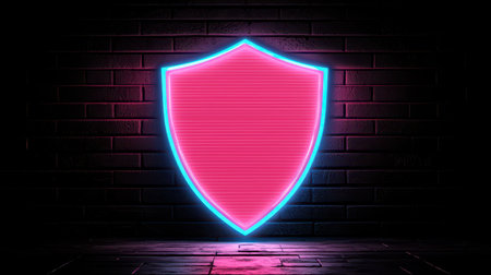 Neon shield design on dark background.の素材