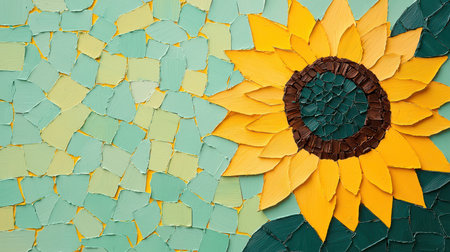 Vibrant sunflower mosaic art featuring bold yellow petals against a soothing green background, perfect for nature-themed designs.の素材
