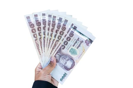 women in suit hand hold thai money,isolate