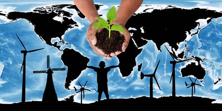 renewable concept save the world ,wind turbine on map the earth , the backdrop of the planet earth. 