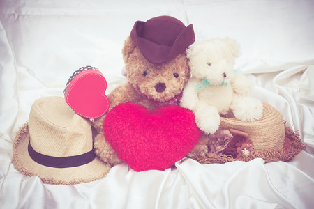 vintage sweet heart mini bear and lady hat on white clothの写真素材