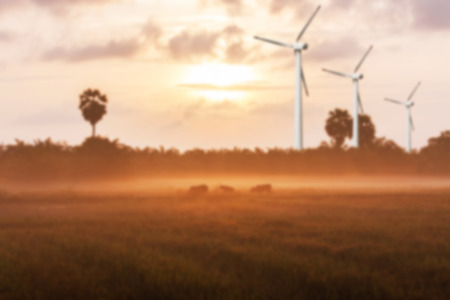 the wind turbine in The morning sunrise green rice field,renewable concept save the world,blurry