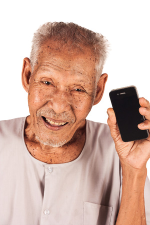 elder man smile show smart phone isolate backgroundの写真素材