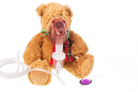 teddy bear sick in inhaler maskの写真素材