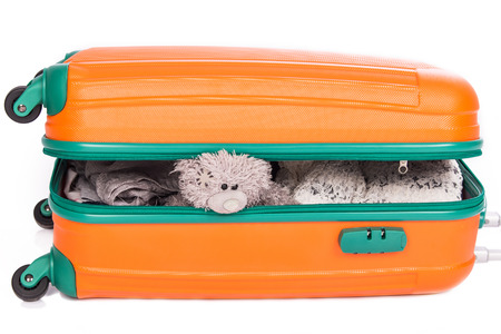 teddy bear sad alone in suitcasesの写真素材