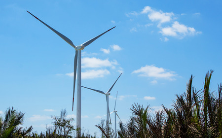 wind turbine on blue sky backgroundの写真素材