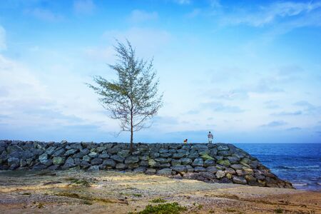 double exposure of dad and son standing at the sea in the eveningの写真素材